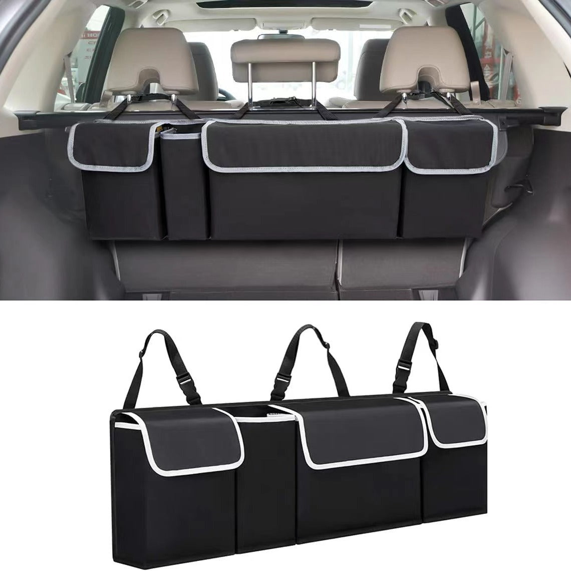 Adjustable Car Trunk Storage Bag, Large Capacity Multi-Purpose Oxford Cloth Backseat Organizer for Car Interiors.
