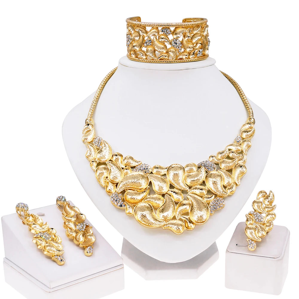 Italy Brazil Gold Plated Jewelry Set Women Luxury Wedding Necklace Earrings Bracelet Set Gold Colors Engagement Dinner Bijoux
