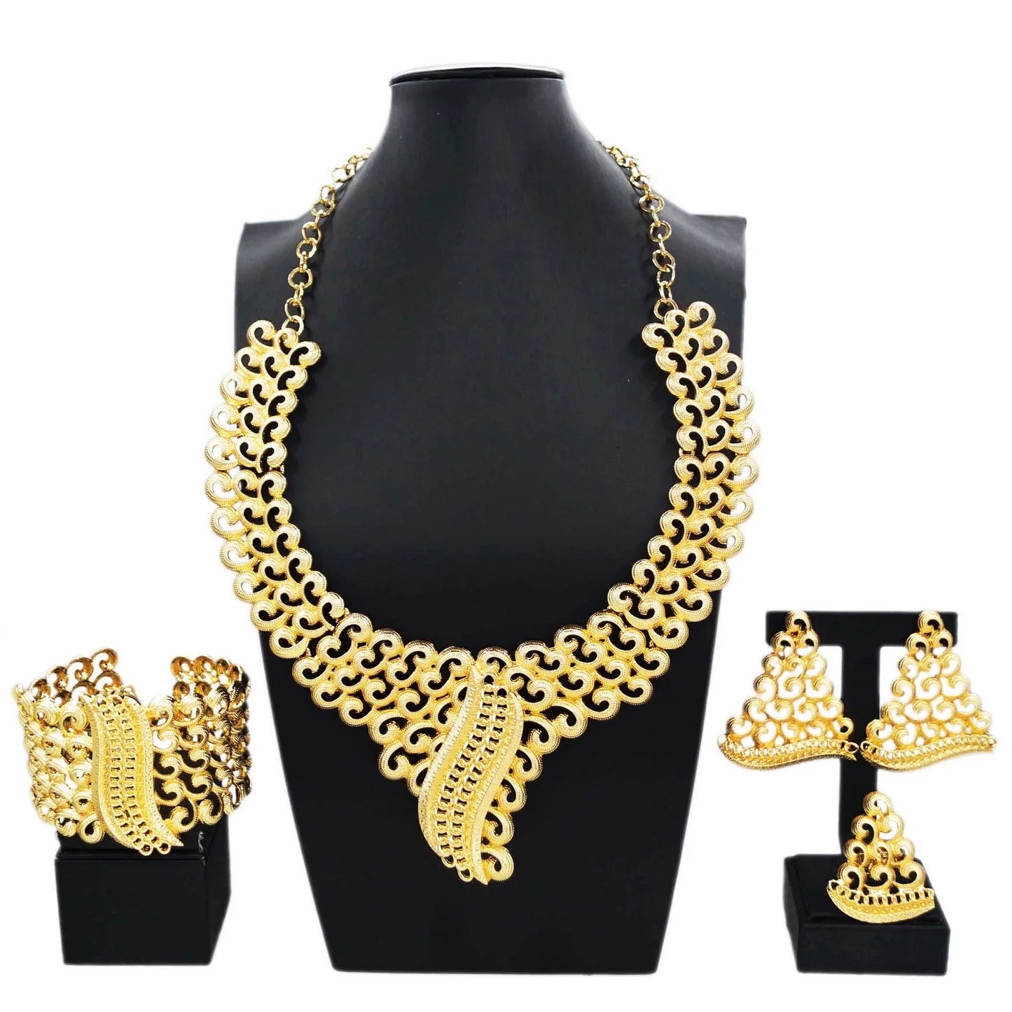 Jewelry Set Women Italian Brazilian Gold Plated Luxury Wedding Necklace Earrings Bracelet Set Gold Colors Party Jewelry