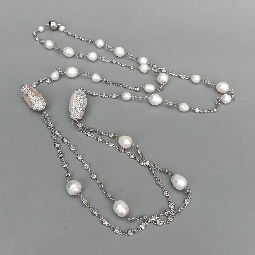 KKGEM Cultured White Biwa Pearl cz pave white gold plated bezel set Sweater chain Necklace Long Fashion Jewelry 40"