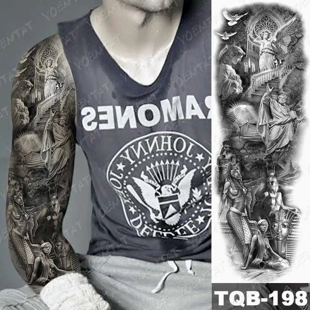 Large Arm Sleeve Tattoo Forest Angel Wolf Lion Waterproof Temporary Tatto Sticker Crown Skull Body Art Full Fake Tatoo Women Men