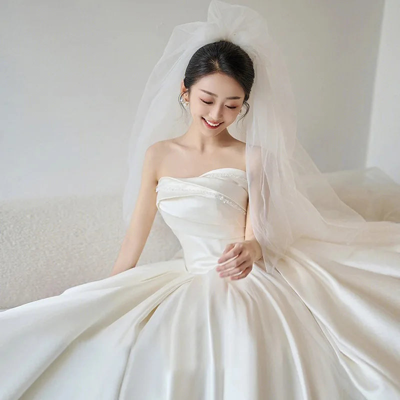 S6615F Drop Shipping 2025 New Tube Top Satin Bride Senior Texture Main Dress for Women Wedding Party