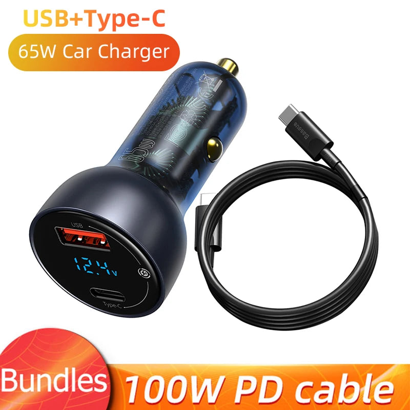 Baseus USB C Car Charger 65W Fast Charging Quick Charger 4.0 QC PD 3.0 Type C Car Charger For iPhone 14 Pro Xiaomi POCO MacBook