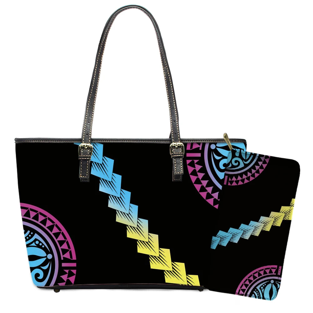 Elegant Polynesian Tribal Hawaii Tropical Leather Purses with Zipper Wallet Luxury Ladies Tote Bag Custom Women's Shoulder Bag