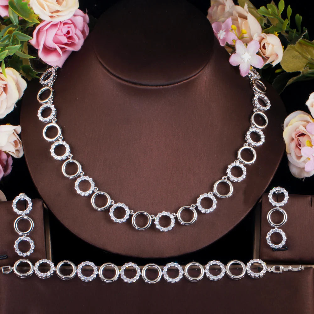 ThreeGraces 3Pcs Gorgeous CZ Gold Color Circle Link Chain Bracelet Necklace Earrings Jewelry Set Women Party Accessories TZ596