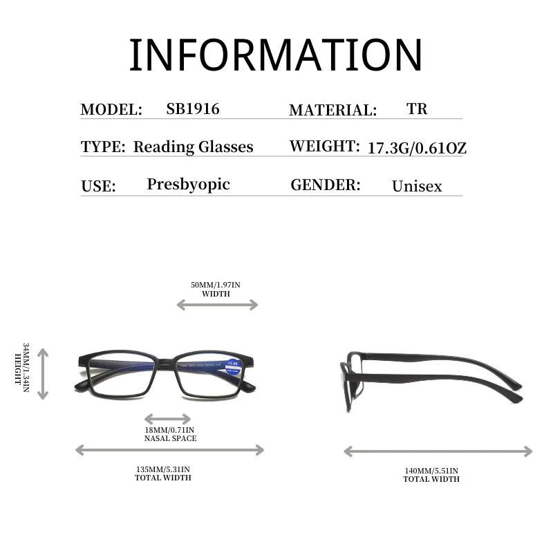 SB1916 1pc True TR Material Squared Frame Good Quality Presbyopia Fashion Unisex Corrective Eyeglasses Reading Glasses