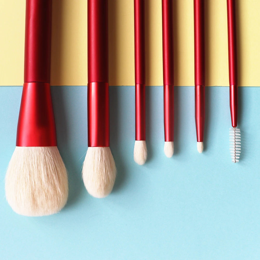 High Quality 6Pcs Natural Goat Hair Makeup Brush Set With Pouch & Air Puff Red Beauty Blending Powder Brush Eye Brush Kits