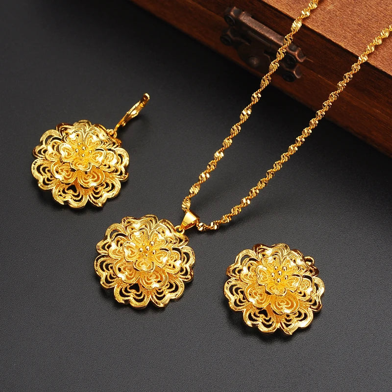 New Top Selling Arab Africa Flower Jewelry Set Women Girls Pendant Necklace Earrings Wedding Bridal Party Gifts