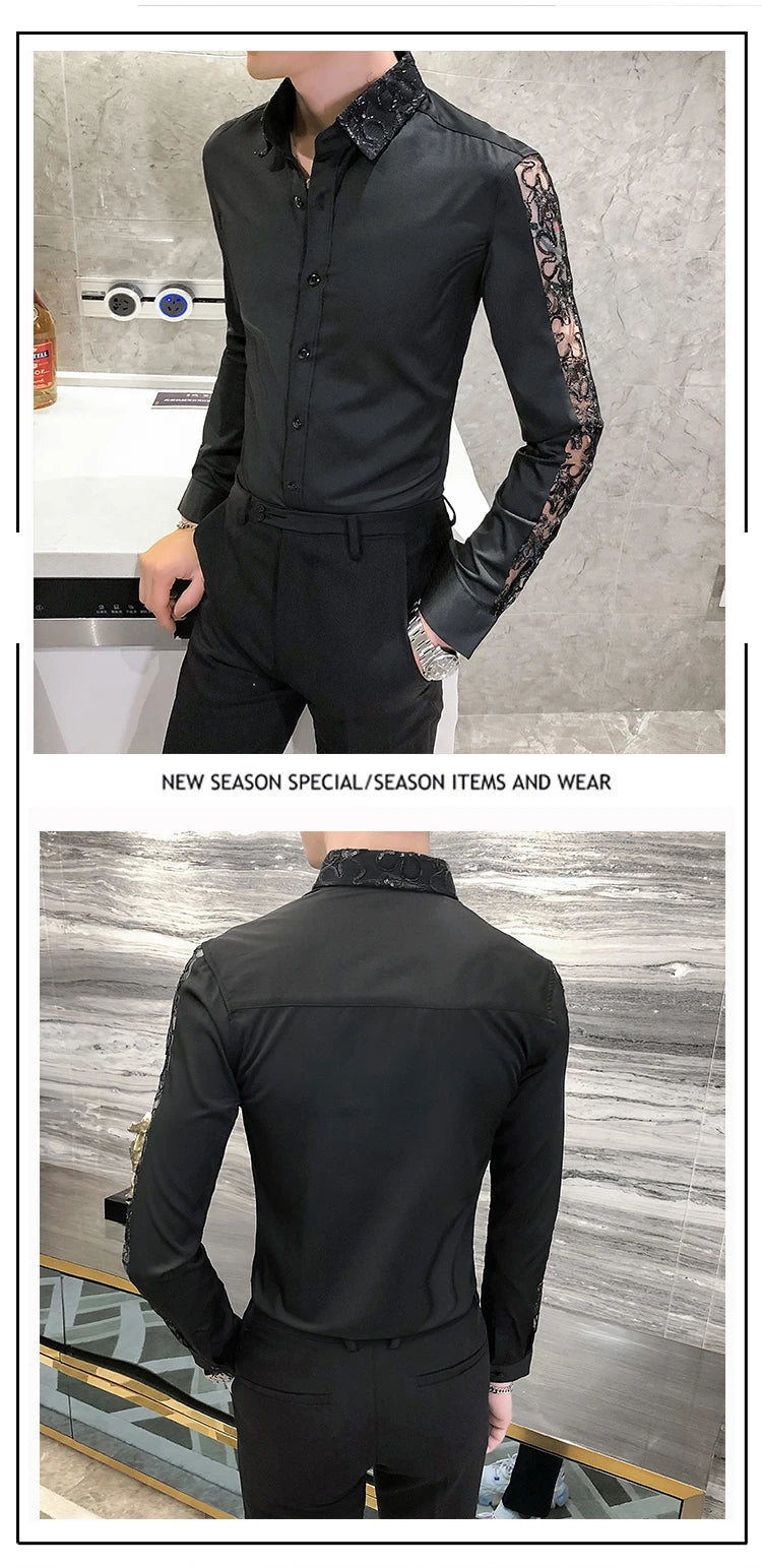 Chemise Homme Fashion Sexy Lace Long Sleeve Elegant Shirts For Men Clothing Slim Fit Casual Men's Social Shirt Tuxedo Big Size