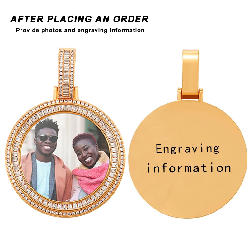 Customized Necklace Pendant Round Photo Medallions Necklace Men‘s Hip Hop Jewelry Personalized Custom Name Engraved Pendant Gift