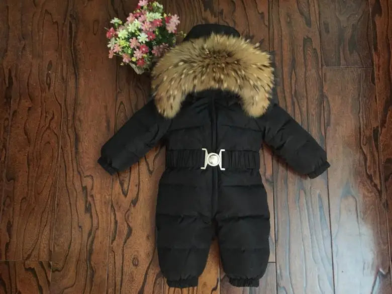 Russian Winter Boys Girls 1-5Y Winter Overalls Baby Rompers Duck Down Jumpsuit Real Fur Collar Children Outerwear Kids Snowsuit