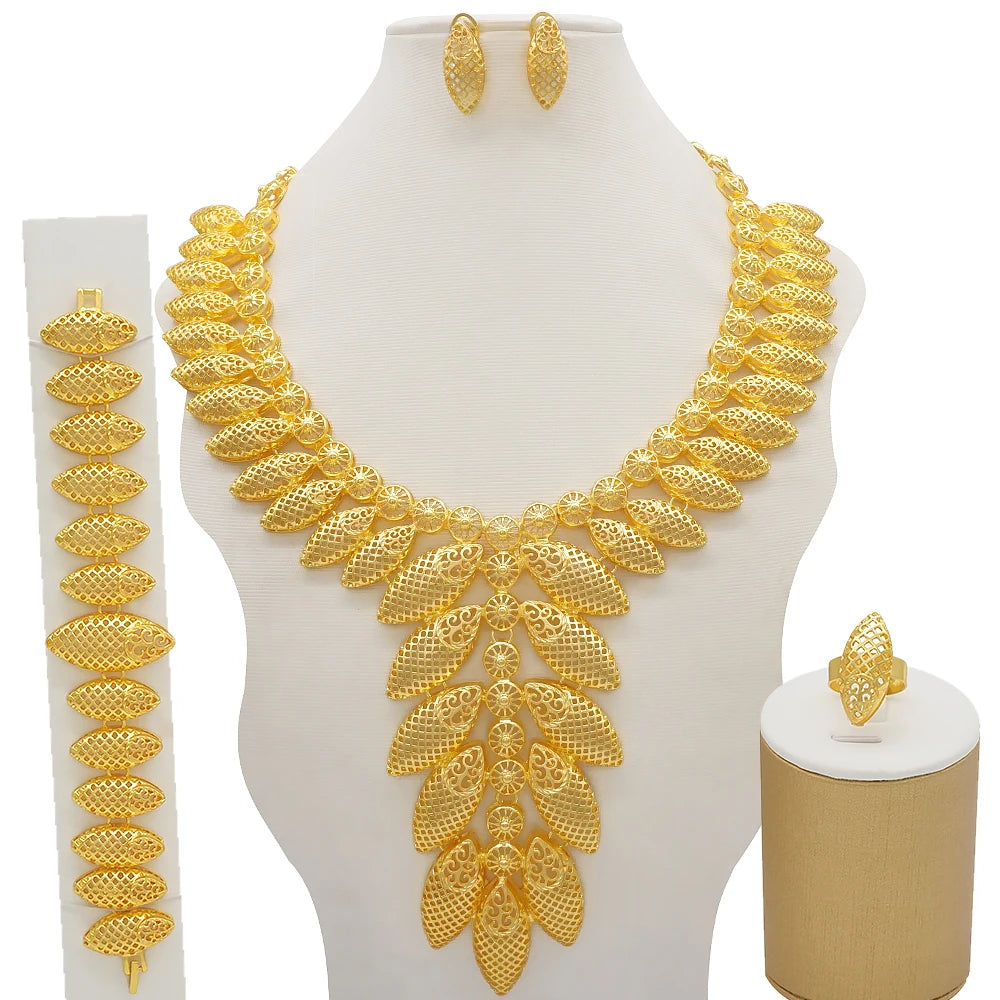 African Gold Color Long Necklace/Earrings/Ring Big Jewelry Set Women Arab Jewelry Wedding Accessories
