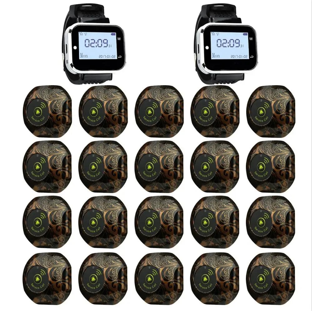 20 Call Button 2 Watch Pager Receiver for Restaurant Cafe Bar Wireless Service Call Bell Guest Calling System Pager