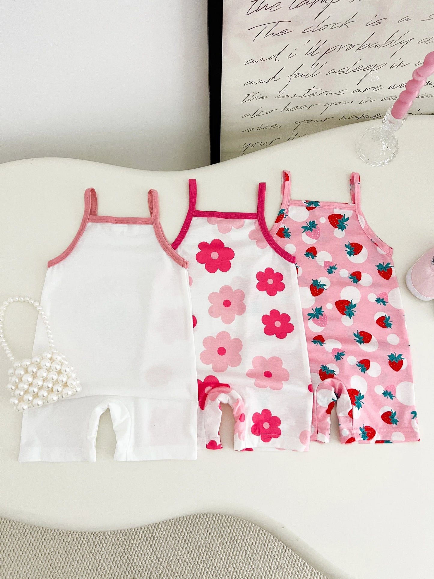 Summer 0-1 Years Old Infant Baby Girls Fruit Print Camisole Jumpsuit 3-Piece Set , Suitable For Daily Wear