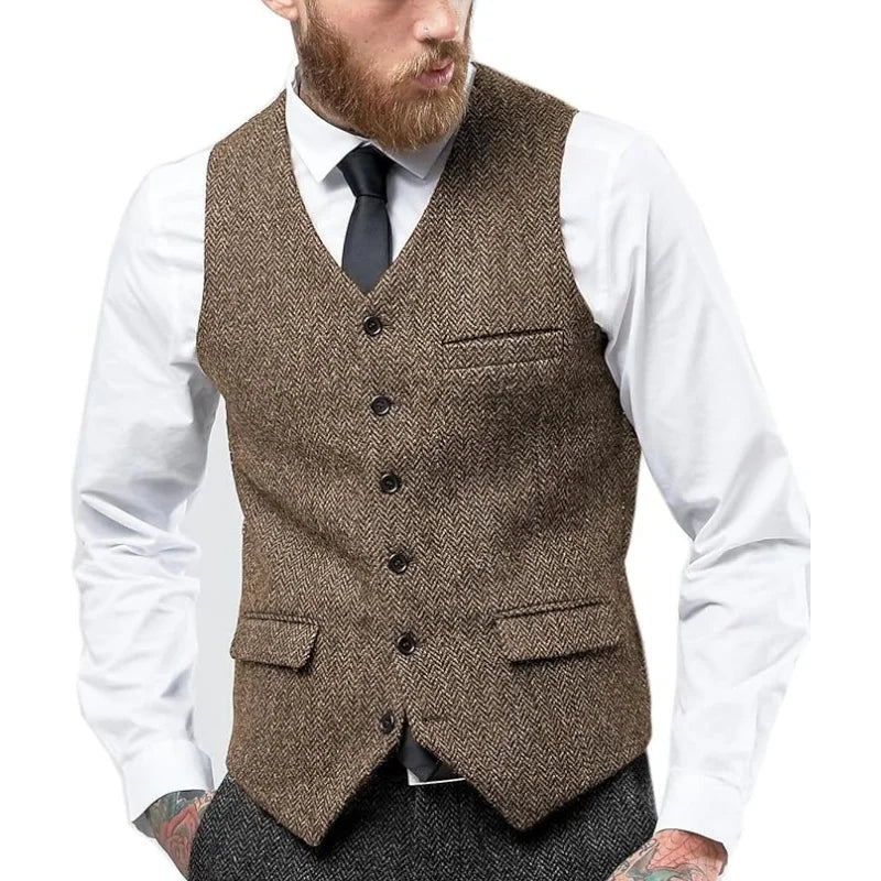 Men's Vintage Herringbone Vest | Slim Fit Wool Tweed Waistcoat for Prom/Wedding (Classic Retro Style) Herringbone Weave