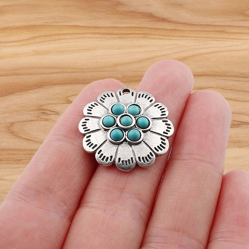 4 Pieces Tibetan Silver Color & Turquoise Crystal Hollow Charms Pendants For DIY Necklace Jewelry Making Accessories