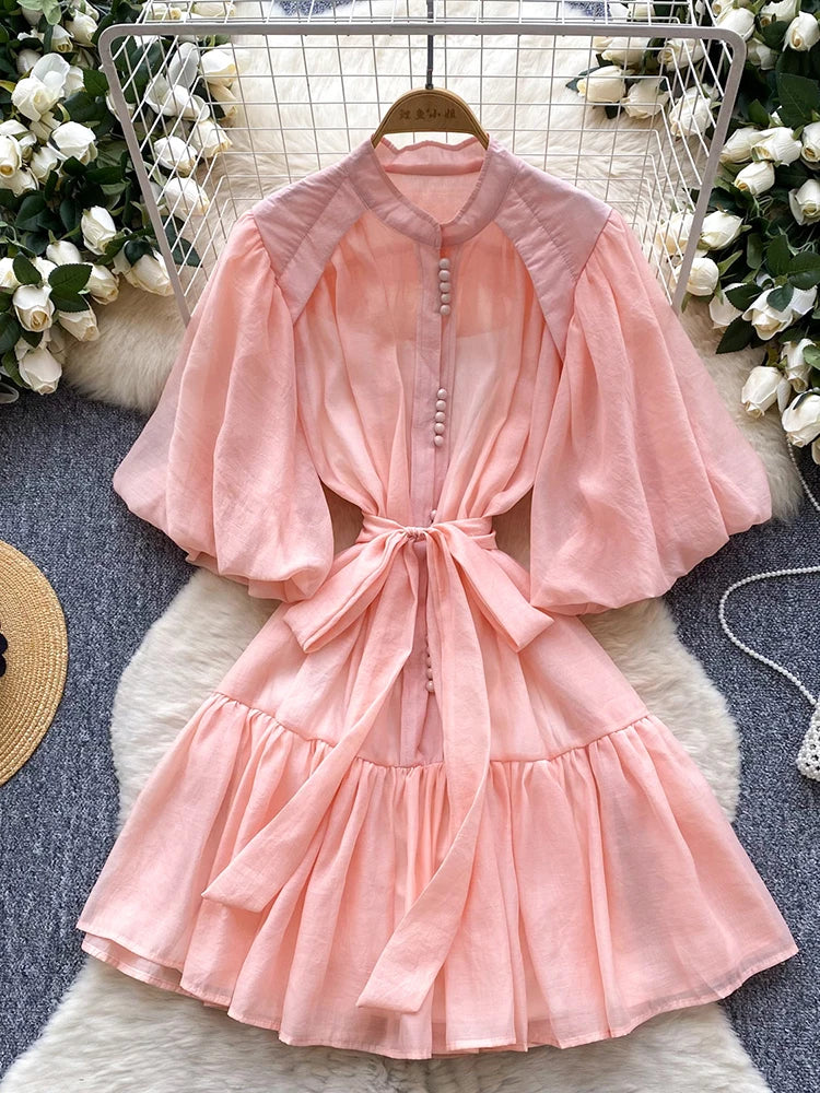 Summer Women's Puff Sleeve Shirt Dress Fashion Beach Vacation Party Birthday Blue White Exquisite Chiffon Mid Length Dress B06