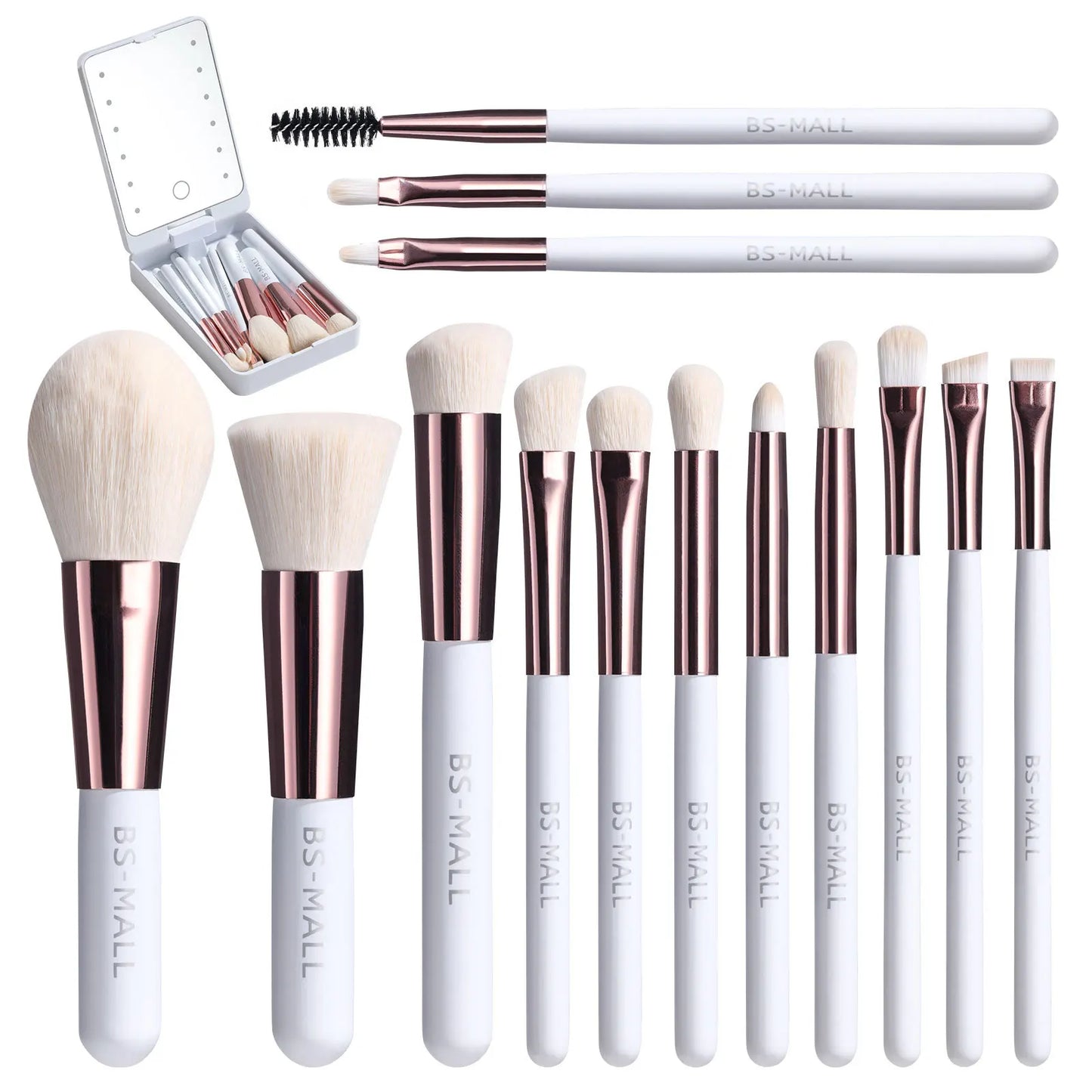 14 PCS Makeup Brush Set With Illuminated Mirror Portable Short Handle LED Light USB Rechargeable Makeup Brushes Kit