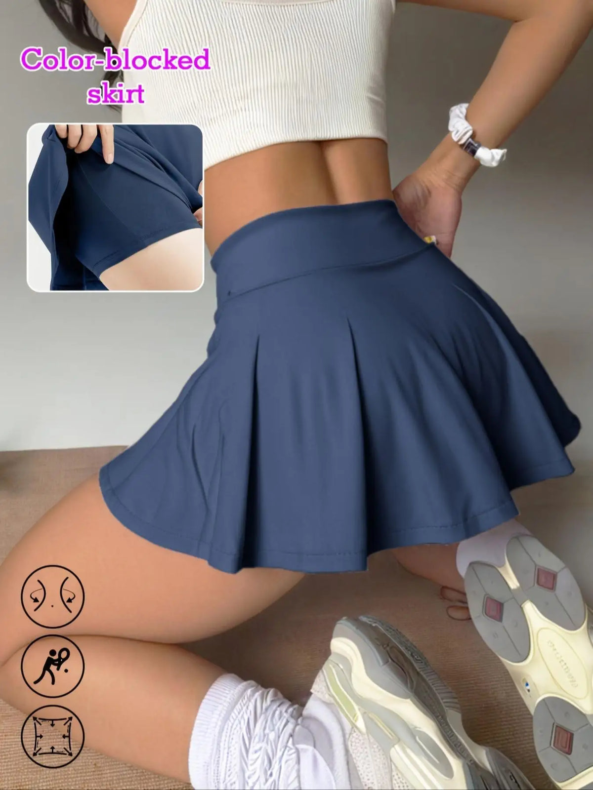 Women's High Waist Sporty Colorblock Skirt Shorts Set, Slim-Fit Tennis Golf Fitness Multifunctional, All Season Wear