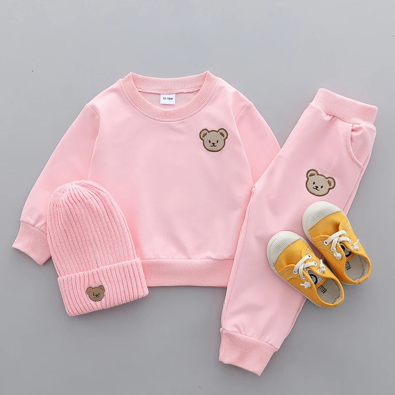 2PCS Children's Set Spring and Autumn Simple Little Bear Head Round Neck Long Sleeve Pants Outdoor Set for Young Children