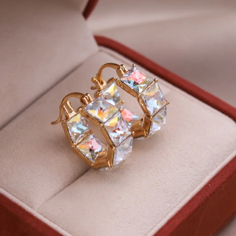 2025 Korean new design fashion jewelry luxury square blue crystal hoop earrings elegant women's daily work accessories