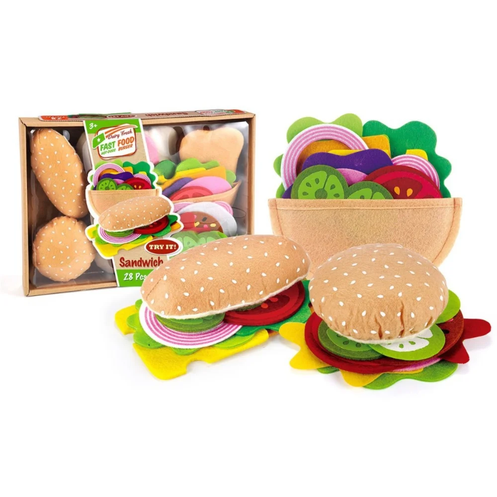 28PCS Felt Food Burger Sandwich Food Set Children to Play Food Sandwich Toys Children's Kitchen Role Playing Gifts