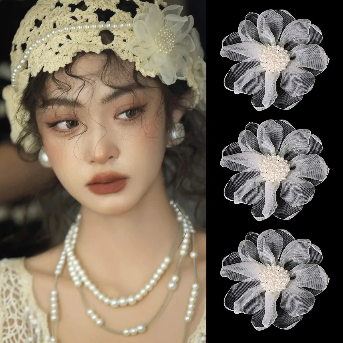 Fabric Hair Accessories For Clothing Bags Decorative Parches Applique Pearl In Center 3D ROSE Burnt Tulle Organza Hair Flower