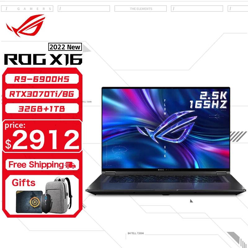 ASUS ROG Flow X16 Gaming Laptop 12th Intel Core i9 12900H 32G RAM 1T SSD RTX3080Ti-16GB 2.5K Screen 165Hz 16Inch E-sports Comput