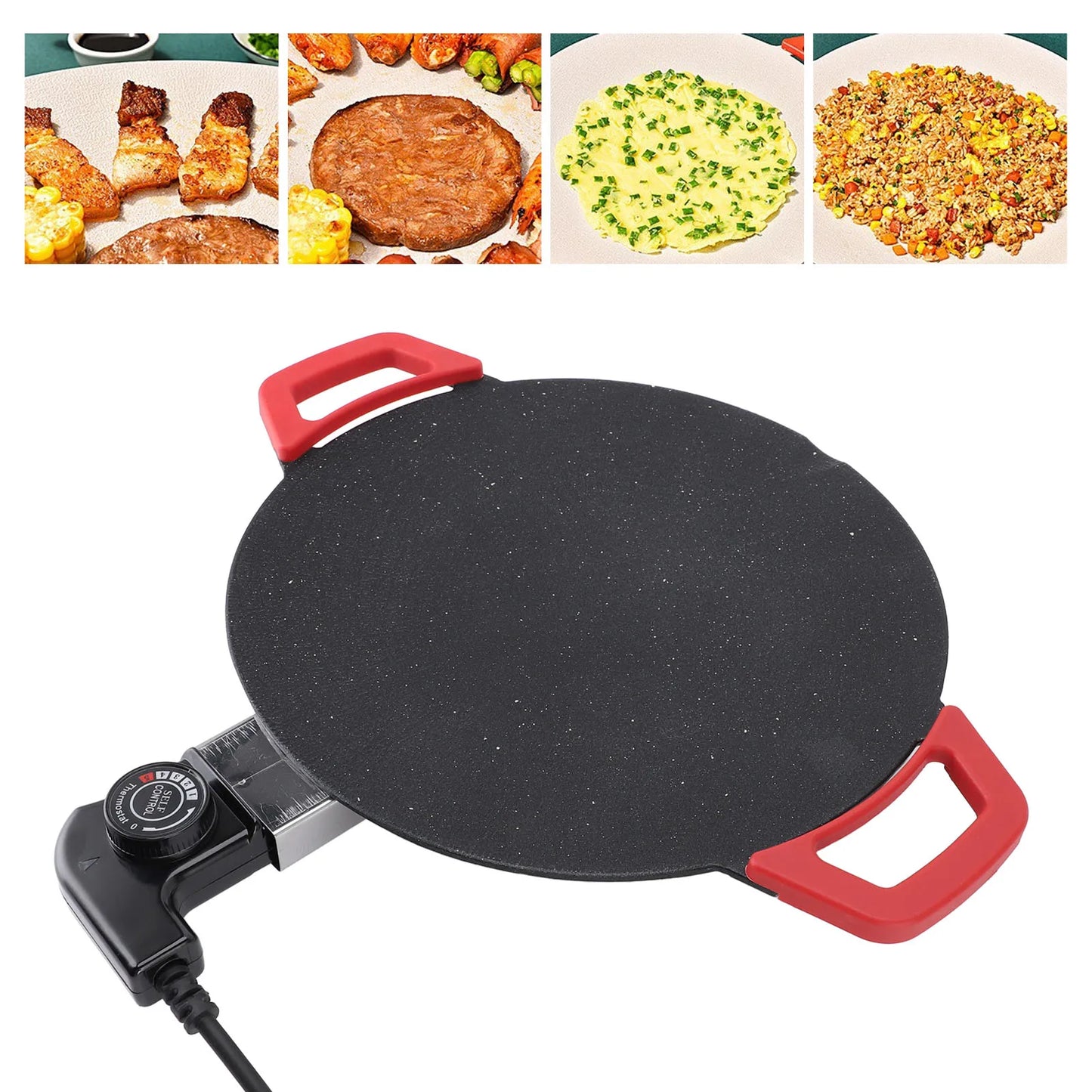 30cm Electric Grill Pan Round BBQ Griddle Concave Design Nonstick Coating Temperature Knob Adjustment Electric Grill Plate