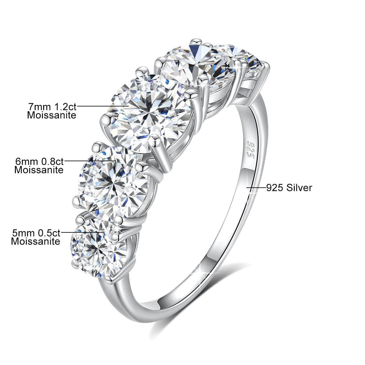 18k Plated 3.8CTW Genuine Moissanite Rings for Women 5 Stones Sparkling Bridal Wedding Jewelry 925 Sterling Silver Ring