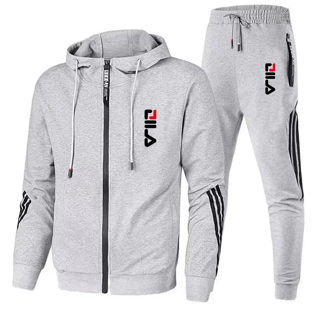 Spring and Autumn Fashion Men's fitness and sports set, featuring a hooded casual jacket and jogging pants in two pieces