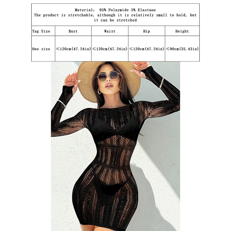 Women Sheer Mesh Long Sleeve Beach Cover Up, Sexy See-Through Fishnet Dress, Solid Bodycon For Summer Beach Party