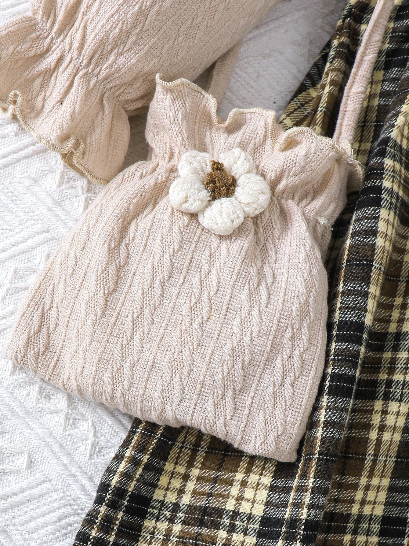 2pcs girls' Fried Dough Twists stitching plaid fake two round neck long sleeve dresses with bags, suitable for autumn and winter