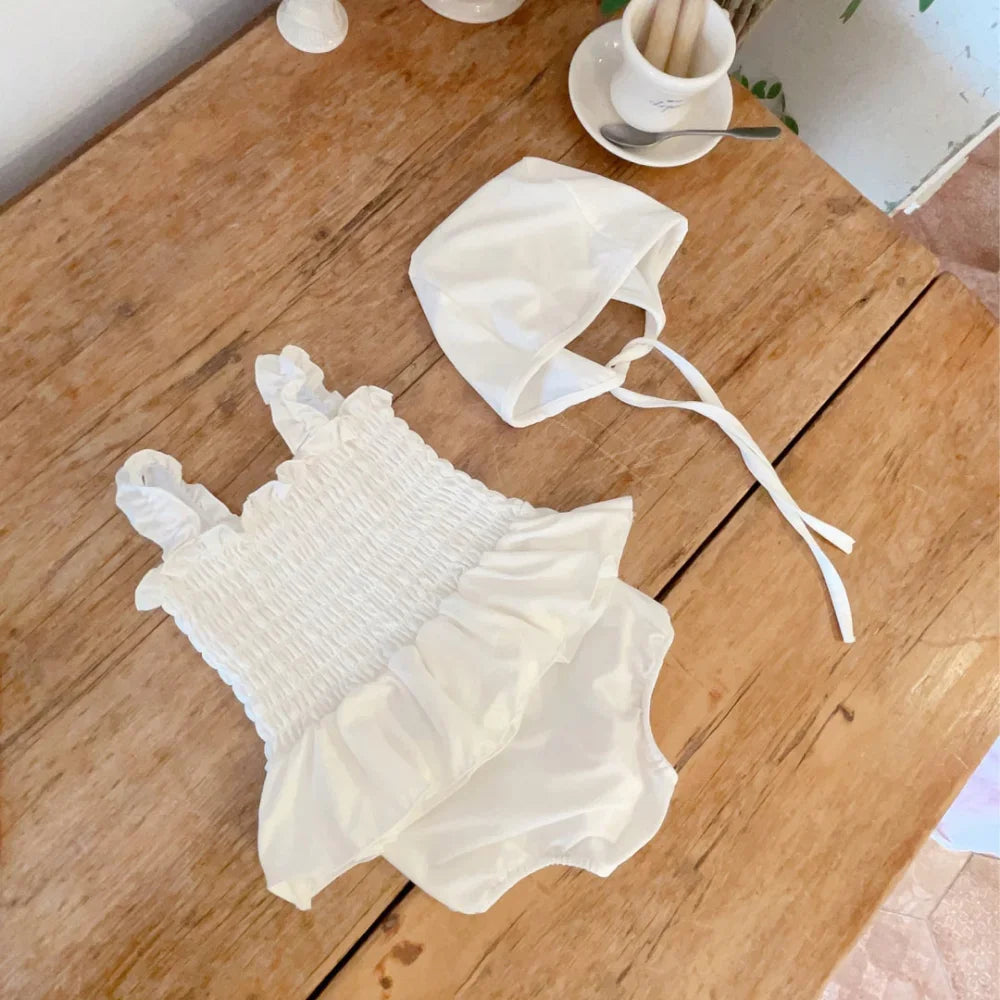 2024 Summer Newborn Infant Suit Kids Swimsuits Baby Girls Solid Color Suspenders Pleated Swim Dress+Shorts+Hat Todder 3Pcs Set