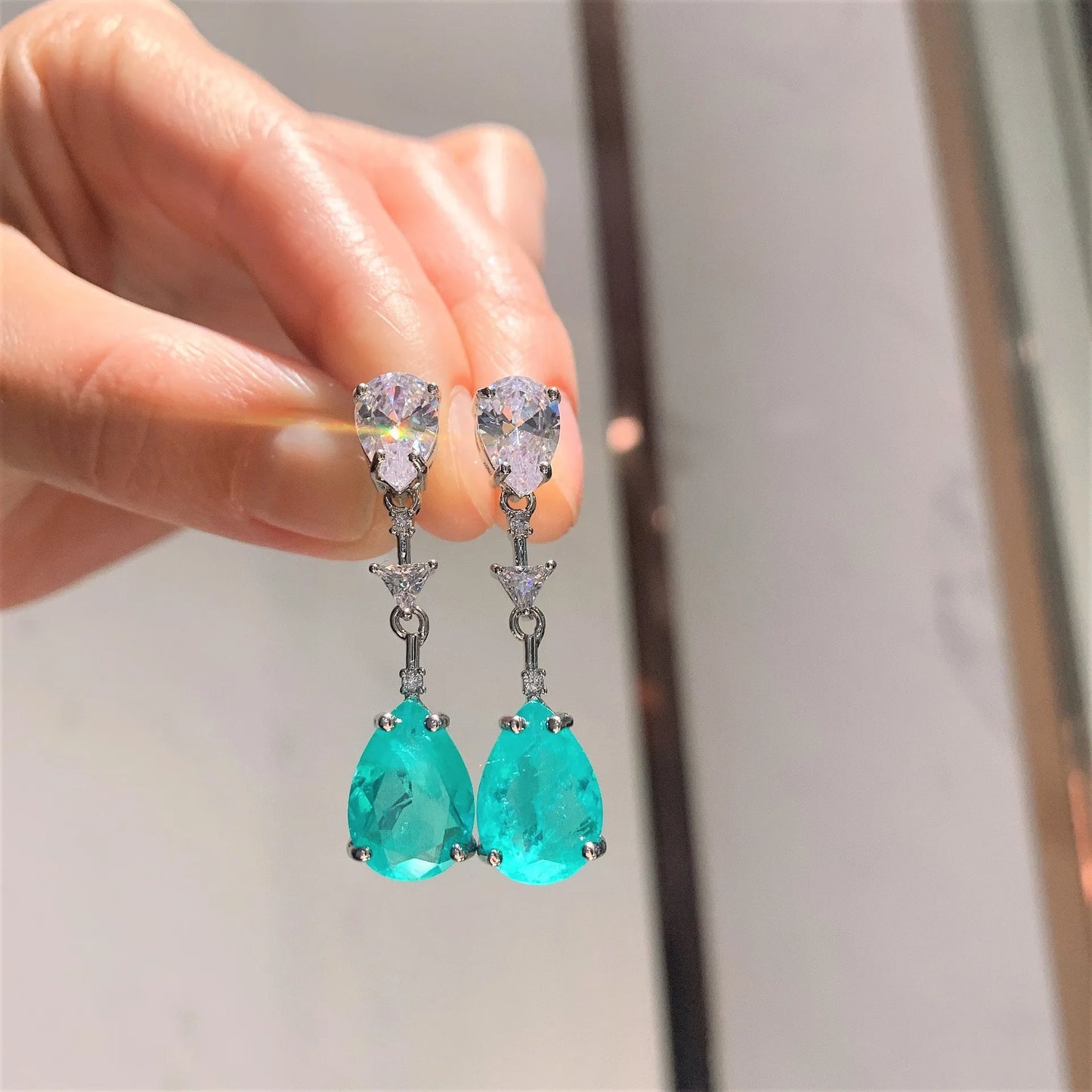 2022 Paraiba Tourmaline Gemstone Long Pendant Necklace Tassel Earrings Wedding Anniversary Fine Jewelry Set Women Birthday Gift