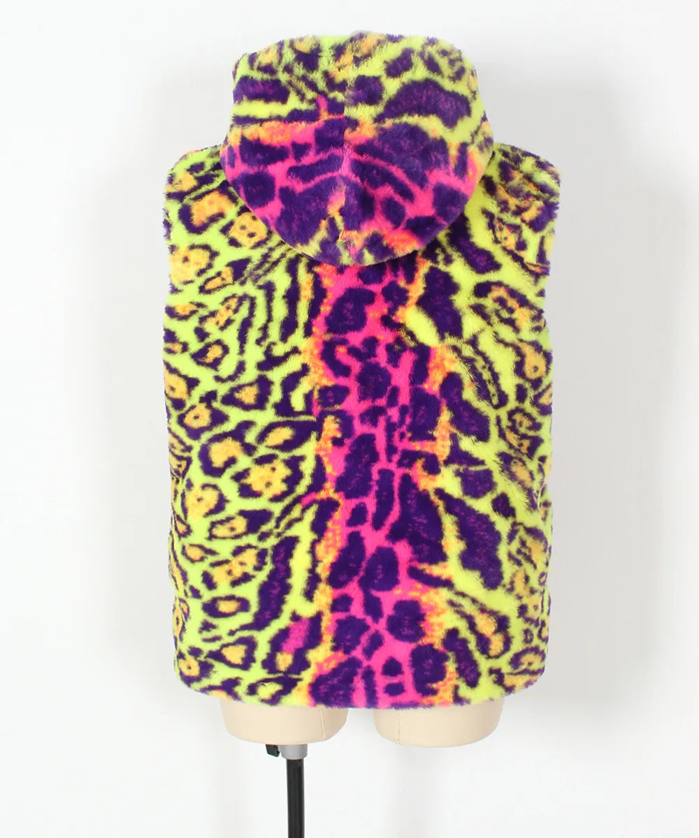 Autumn and Winter New Fashion Mens Warm Vest Imitation Fur Leopard Print Contrasting Plush Vest