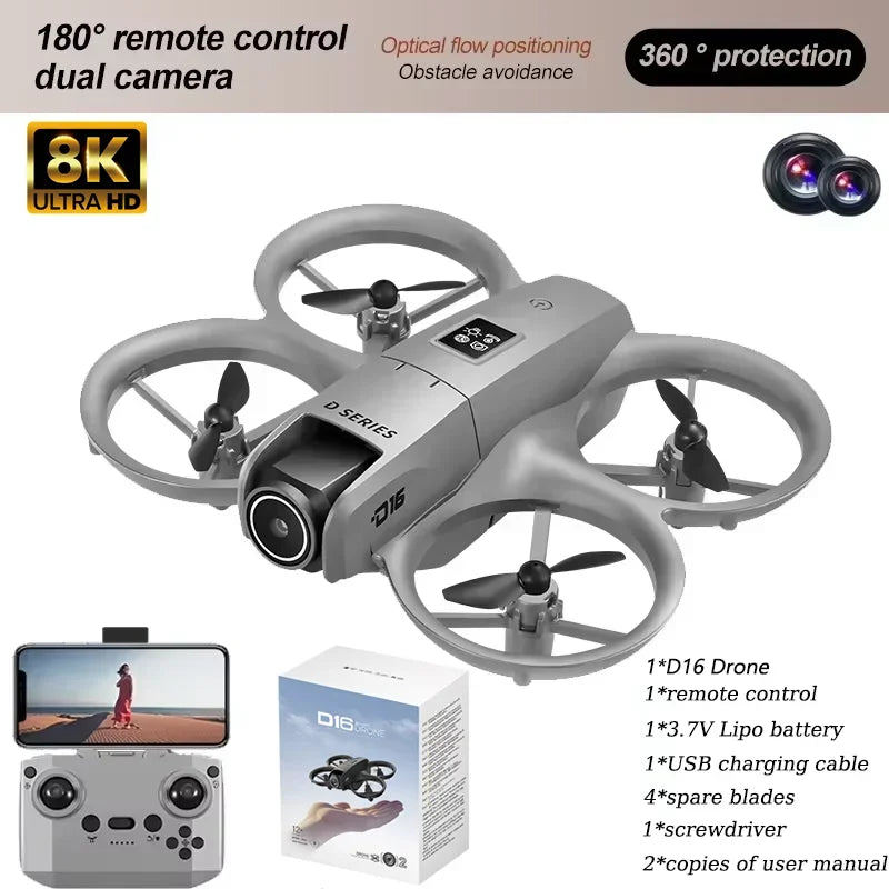 D16 Mini RC Quadcopter Drone Wide Angl 1080P HD Dual Camera 5G WIFI FPV UAV Obstacle Avoidance Optical Flow Perfect Outdoor Toy