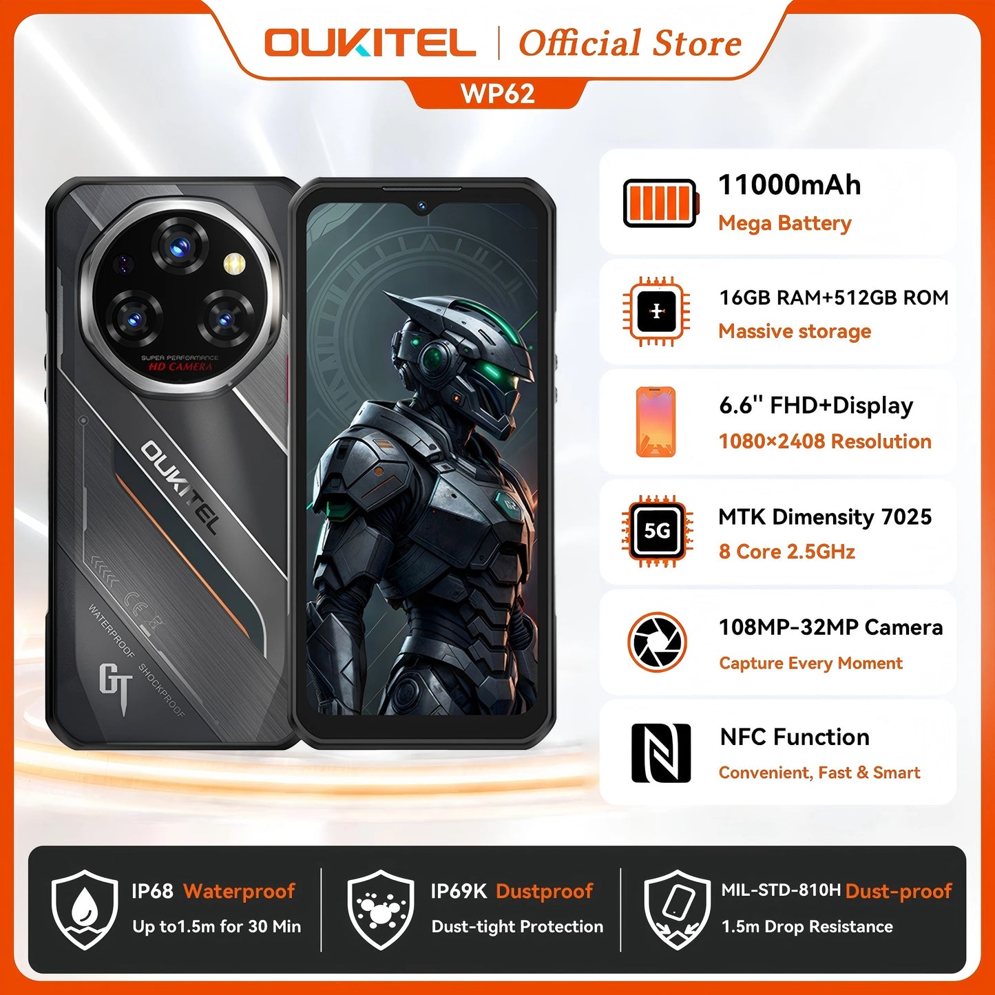 Oukitel WP62 5G Rugged Smartphone 48GB(16+32) +512GB, 6.6" FHD+ 108MP Camera Mobile Phone, 11000mAh 33W, Android 15 Cellphone