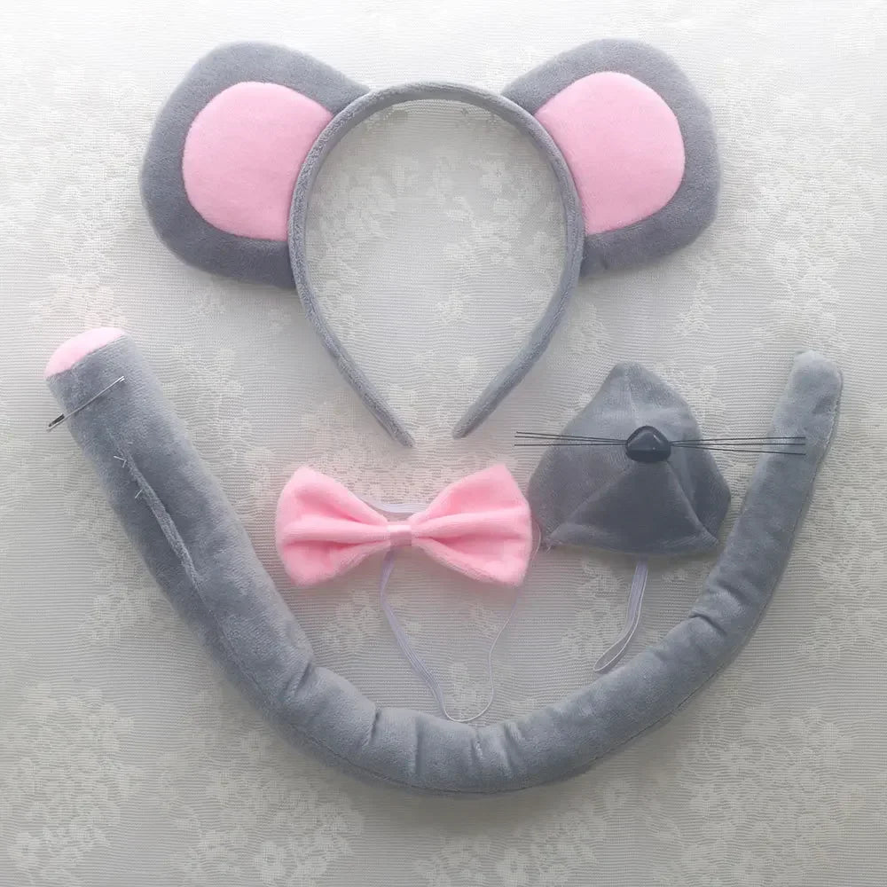 Mouse Accessory Set Animal Ears Headband Tail Nose and Bow Tie Rat Accessories Set Birthday Halloween Costume Cosplay