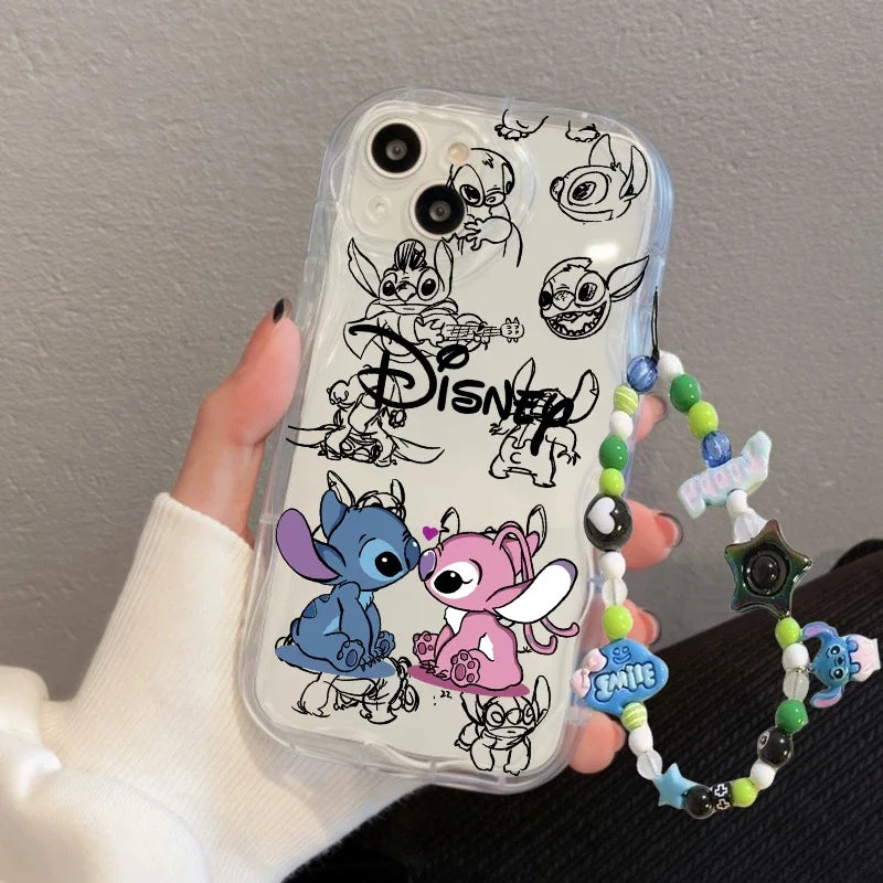Cartoon Cute Stitch Wrist Strap Lanyard Case For iPhone 16 11 15 12 Pro Max 13 Mini 14 Plus 16e 7 8 Plus XR SE Shockproof Cover