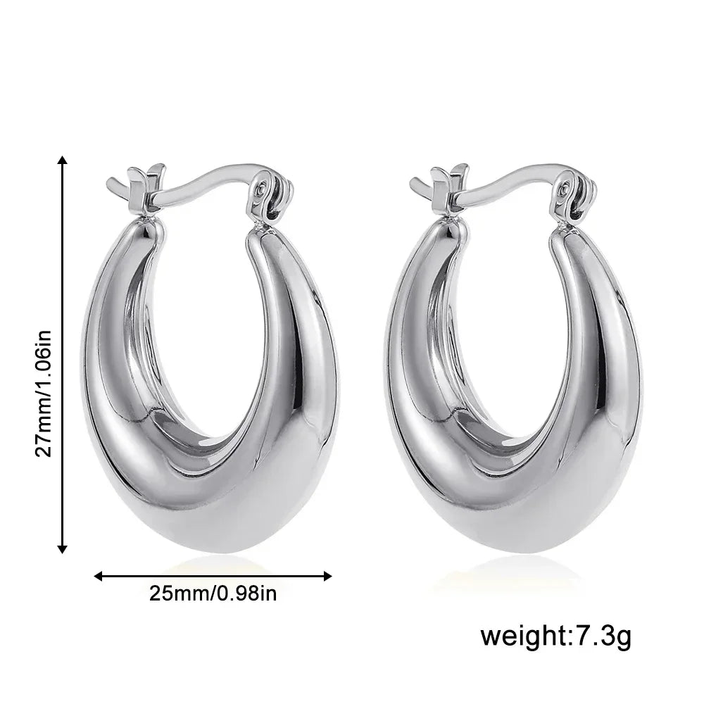 New Trend Silver Color Polished Stainless Steel CC Circle Chunky Hoop Earrings Twist PVD Dome Lightweight Hammered Drop Earrings