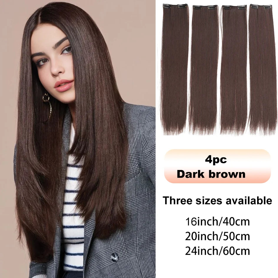4pc synthetic women's 16inch/20inch/24inch four piece straight hair extensions, black/brown wig, suitable for daily wear