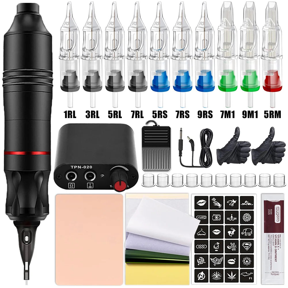 Professional Tattoo Machine Pen Kit with Cartridge Needles Power Supply Tattoo Inks Rotary Tattoo Pen Set for Beginners Body Art
