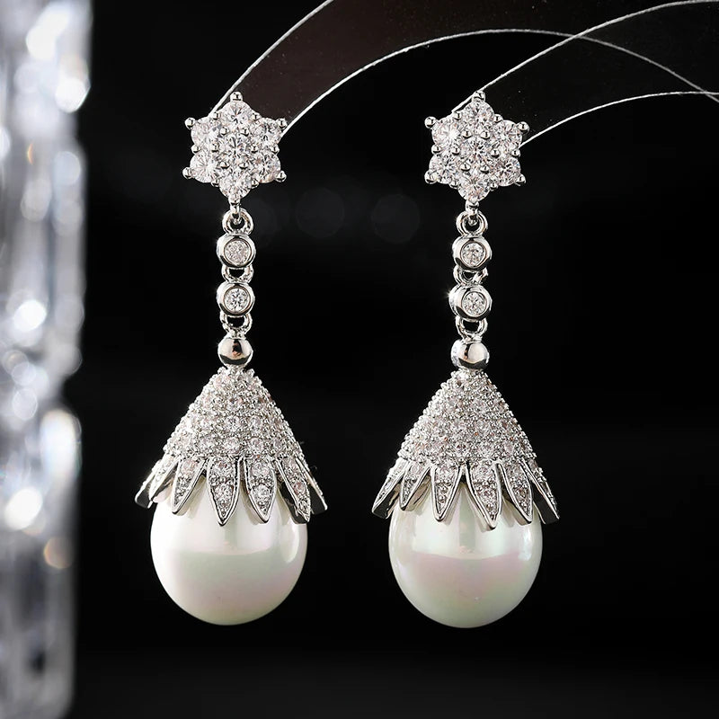SENYU Luxury Emerald Color Water Drop Shell Pearl Drop Earrings Shiny Women Zircon Earrings for Wedding Brides Jewelry Gifts