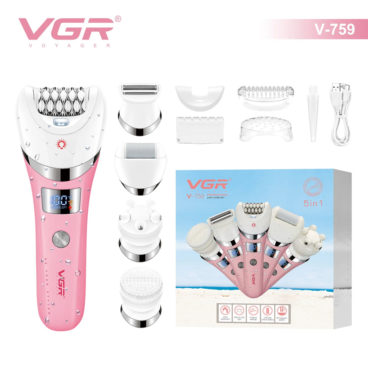 VGR Hair Removal Professional Body Care Trimmer 5in1 IPX6 Waterproof Hair Trimmer LED Two Speeds Electric Razor for Women V-759