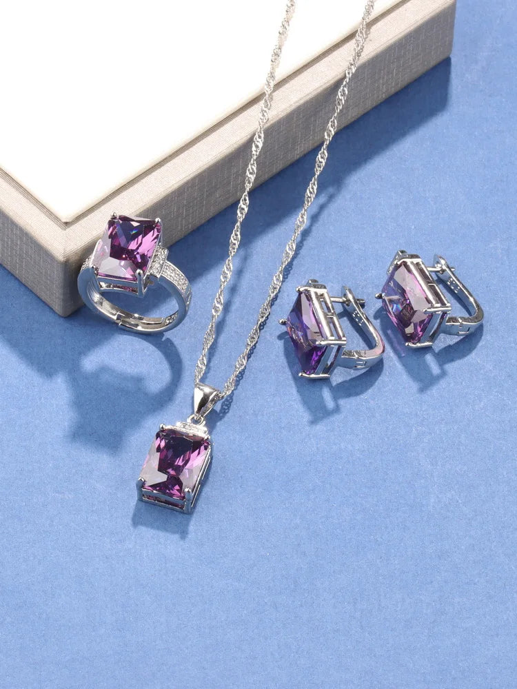 Rectangle 925 Silver Jewelry Accessory Fashion Vintage Original Set Of Earrings Women's Ring Hand Bracelets Necklace Pendant