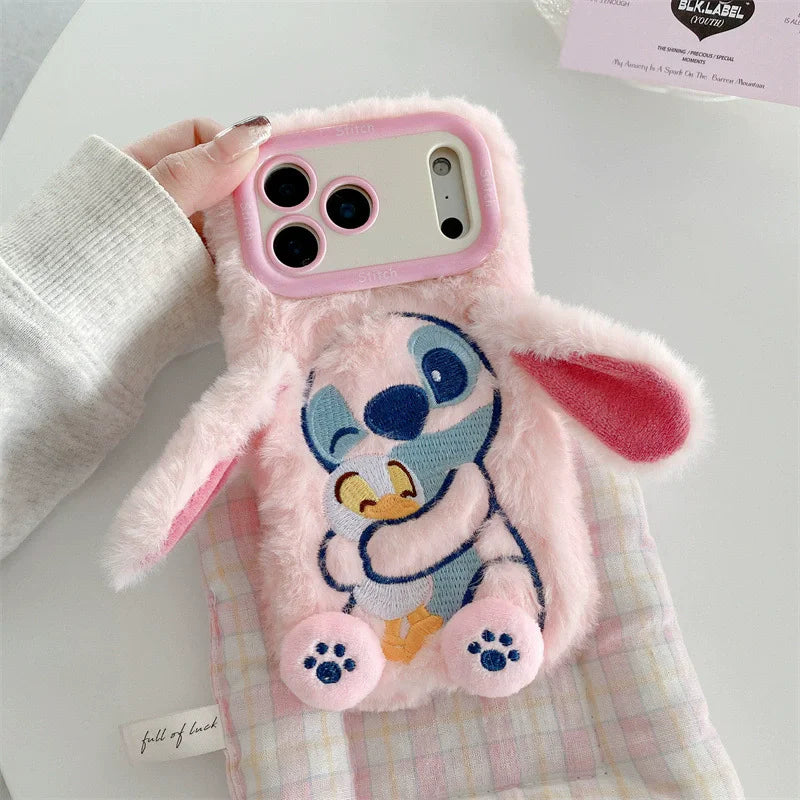 Plush Embroidery Stitch iPhone Case with Stand Furry Ears Cover for iPhone 13 17 Pro Max 16 15 Cute Shockproof Phone Accessories