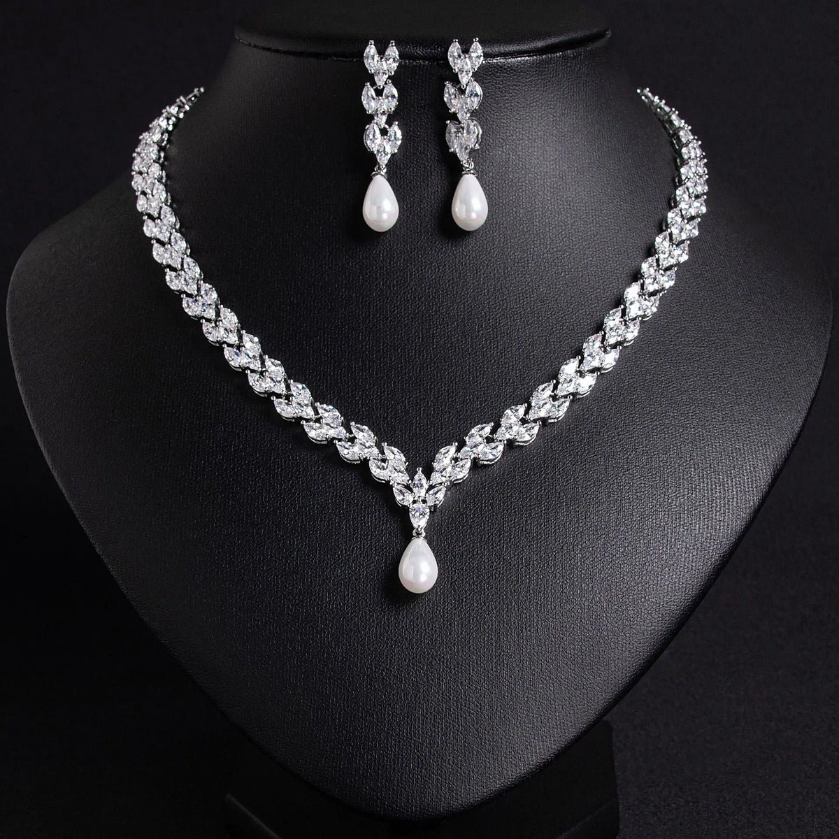 Luxury Zircon Jewelry Set For Women Pearl Pendant Necklace Earring Set For Wedding Bride Prom Party Necklace Accessories Gifts