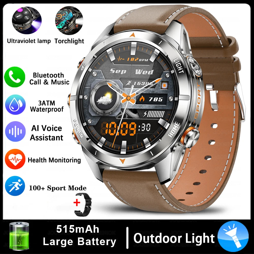 Military Smart Watch Men 10ATM Waterproof 1.46" AMOLED Screen LED Flashlight 515mAh Battery Heart Rate Sport BT Call Smartwatch