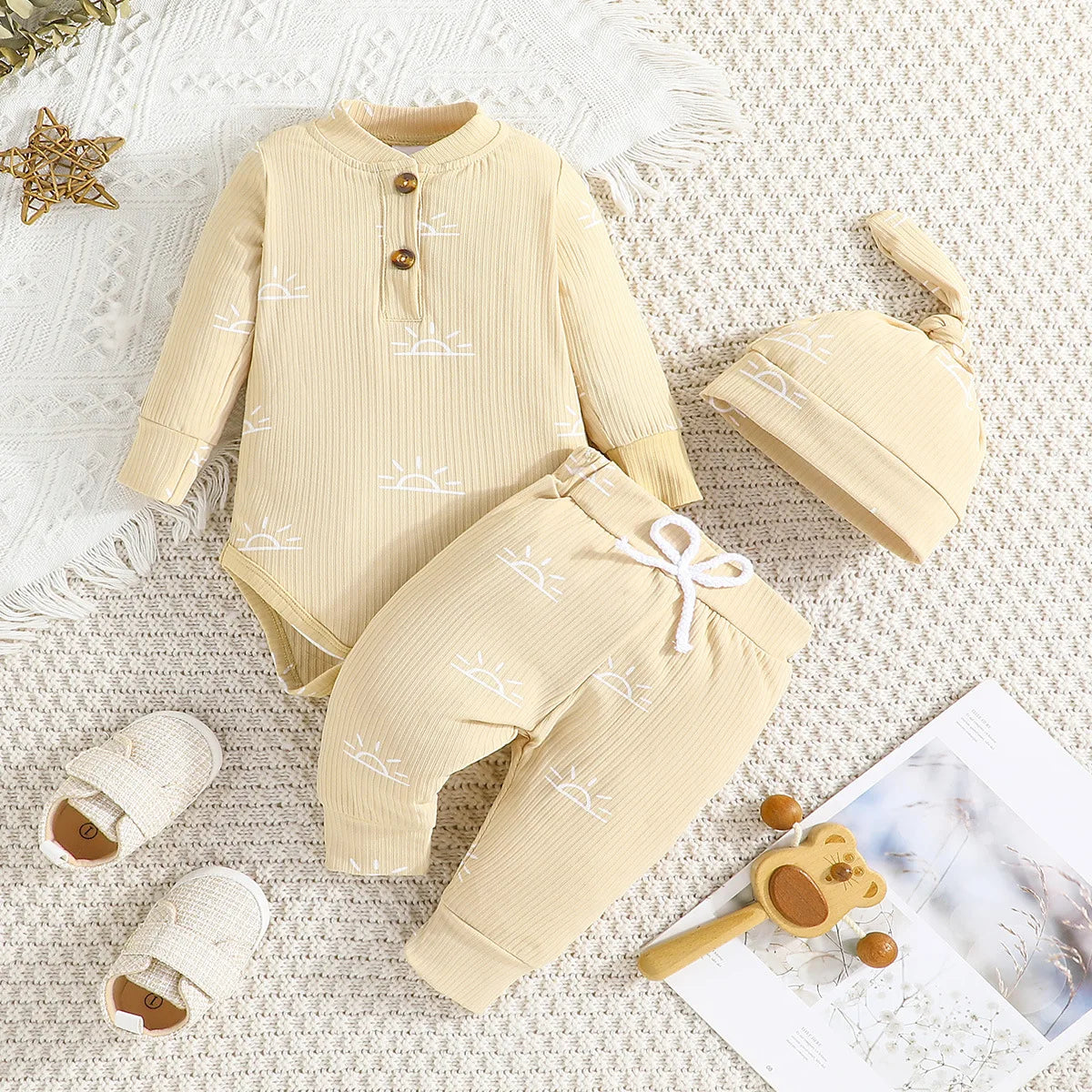 3PCS Baby Boys Clothes Set Spring Autumn Knitted V-neck Romper+infant Pants+hat Newborn Outfits , Newborn Clothing 0-18M
